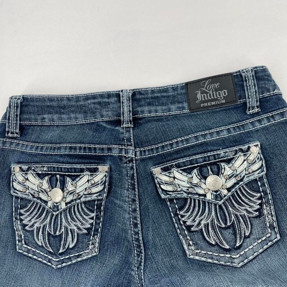 Y2K Low Rise Bootcut Jeans Rhinestone Embellished Bling Embroidered 8 Grunge